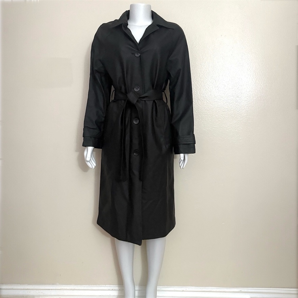 Black PU leather belted single breasted long trench coat